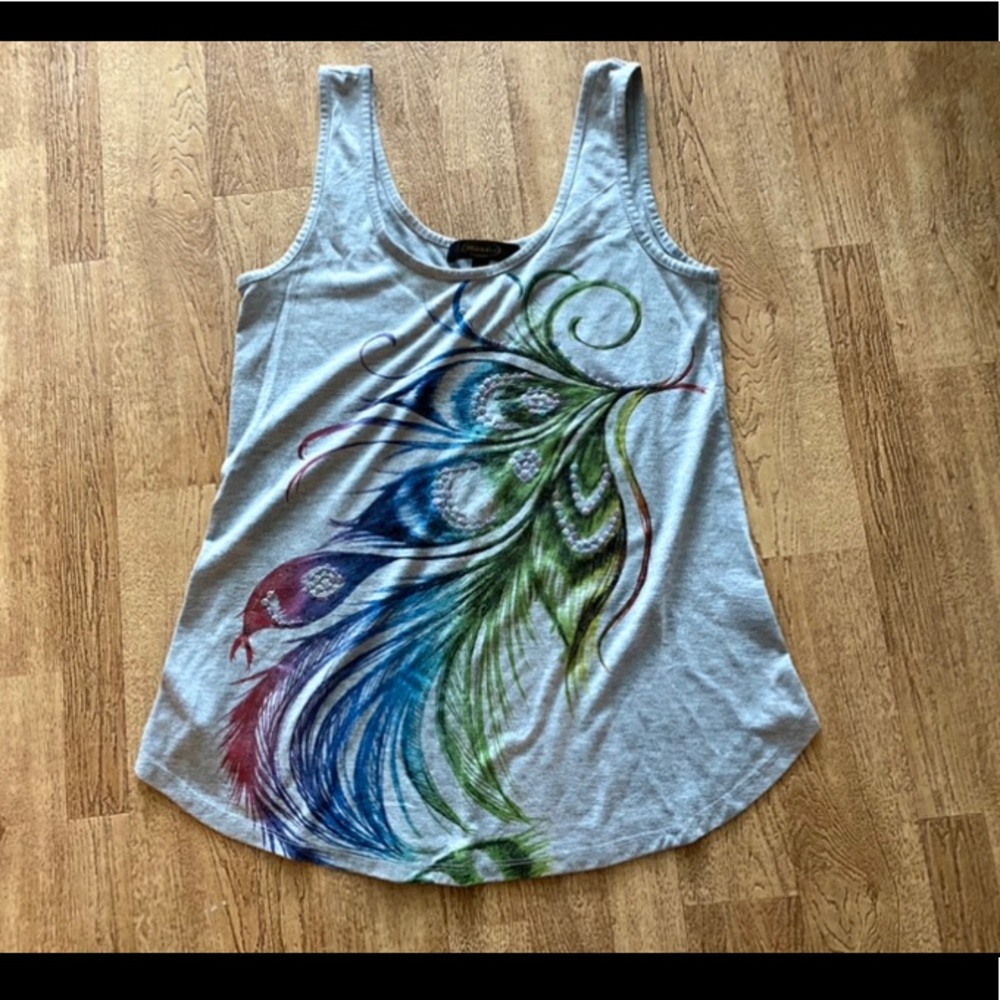 Mandee Womens Gray/ Rainbow Peacock Feathers & Sequins Tank Top Size S